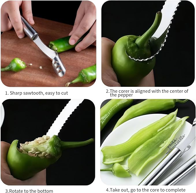 2 Pcs Jalapeno Corer Tool Pepper Corer with Serrated Slice Stainless Steel Pepper Seed Remover Kitchen Fruit and Vegetable Deseeder Efficient Seeding Tool for Jalapeños Chilis Cucumber