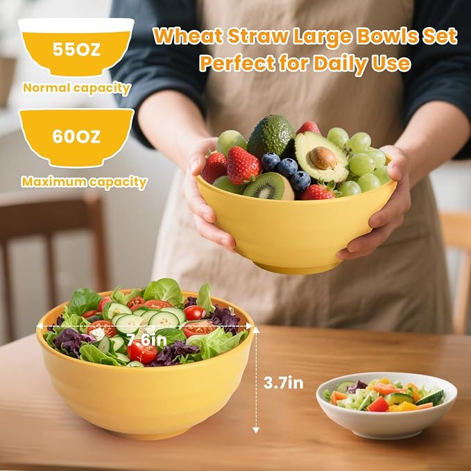 Sunshine Yellow Bowl Set of 8, 60 Oz Large Wheat Straw Bowls, Unbreakable Big Salad & Soup Bowls, Microwave Safe for Easter, Picnic, Kids Party & Family Meals