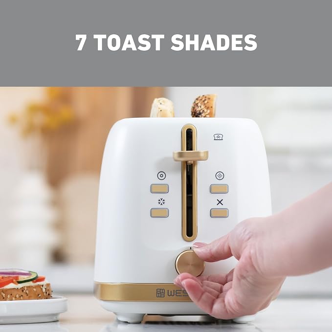West Bend Timeless 2-Slice Toaster with 7 Browning Levels, Bagel/Waffle/Defrost Settings, High-Lift Lever, Anti-Jam, Easy-Clean Crumb Tray, 2-Slice, White/Gold