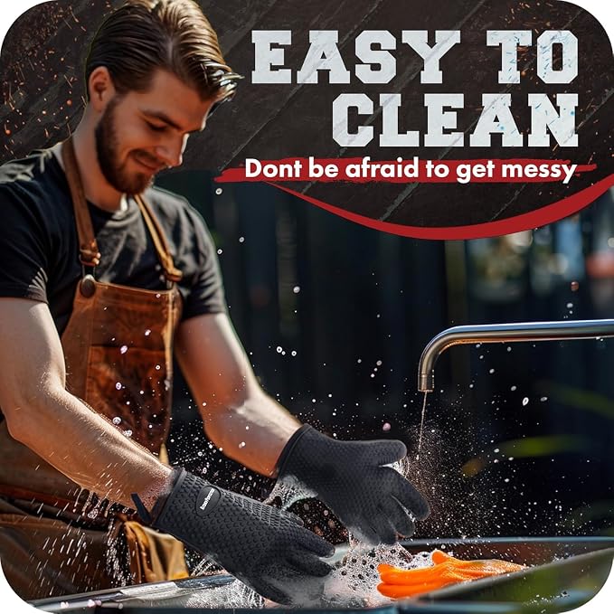 KITCHEN PERFECTION Silicone Smoker BBQ Gloves - Heat Resistant Oven Mitts | Waterproof, 5-Finger Design For A Better Grip, for Pitmasters, Meat Smoking, Grilling, Cooking, Frying Turkey | Grill Gift