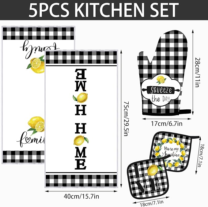 5 Pcs Buffalo Plaid Kitchen Towels Oven Mitts and Pot Holder Set,Lemon | Lemon Checkered Kitchen Decor, Black and White Kitchen Towels Oven Gloves, Lemon Farm House Accessories Decor, High Quality