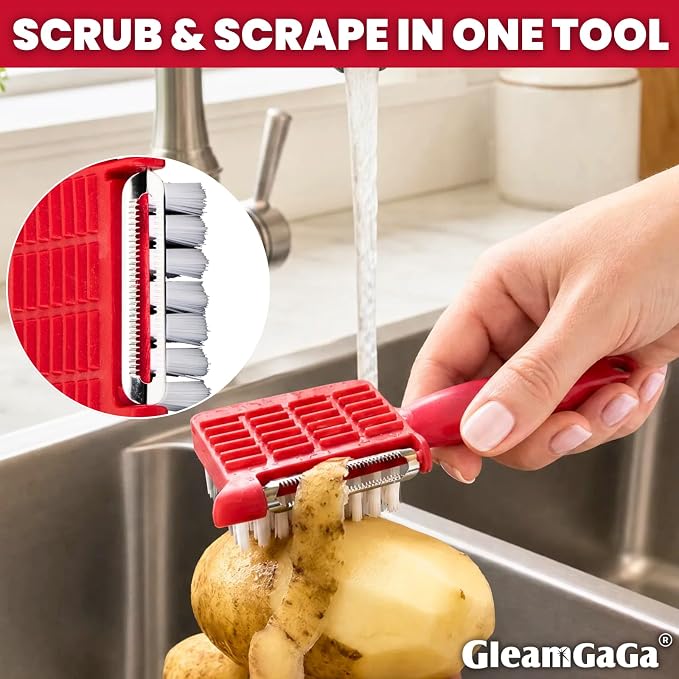 2 Pack Vegetable Brush & Potato Scrubber with Built-in Peeler | Scrub, Peel & Remove Potato Eyes with One Tool, Dual Bristles, Comfortable Grip, 2-Pack Value