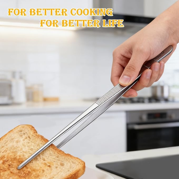 12-Inch Kitchen Tweezers, 18/8 Stainless Steel Tongs with Serrated Tips | Metal Fine Tweezers Tongs, Precision Grip, Non-Slip Tips, Long Cooking Tongs for Cooking, Chef, Serving Food, Grill, BBQ