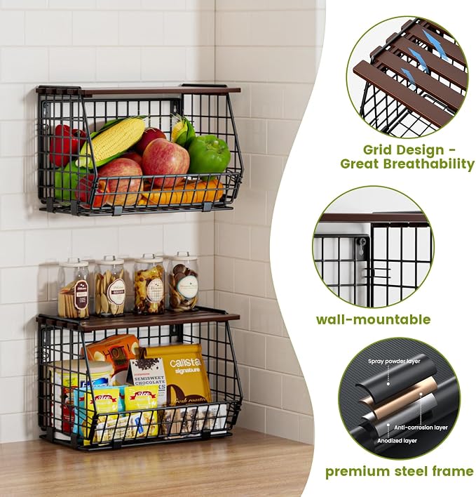 Hanging Fruit Basket for Kitchen, 3 Pack Vegetable Produce Basket | Wall Mounted & Countertop Wire Storage Basket for Potato Onion Fruits Vegetables, Pantry Organizers Storage