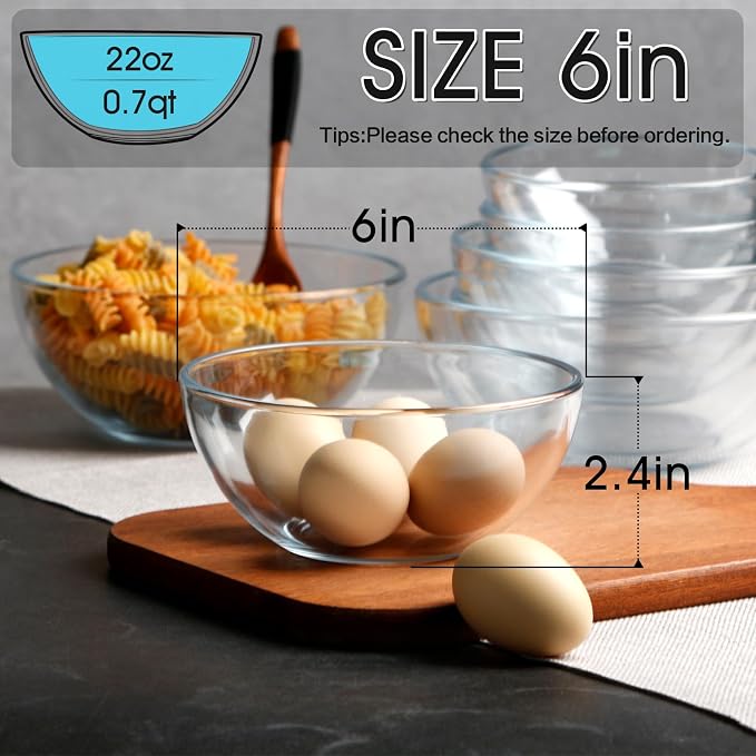 NUTRIUPS 6 Inch Small Glass Bowls Set of 3, 16oz Glass Cereal Bowl Set, Clear Tempered Glass Dessert Bowls for Kitchen Microwave and Oven Safe (6 inch, Set of 3)
