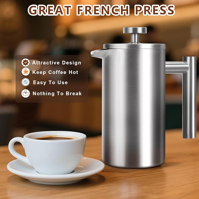 French Press 34 oz, Full Stainless Steel French Press Coffee Maker 4 Cups | Upgraded Double-Walled Insulated French Coffee Presses, Food Grade Good for Kitchen Camping, Dishwasher Safe 2 More Filters