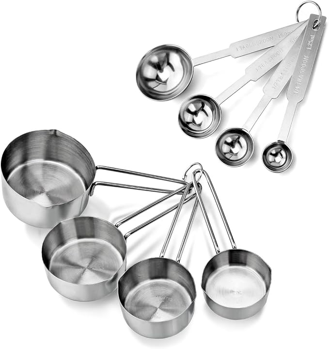 New Star Foodservice 42917 Stainless Steel Measuring Cups and Spoons Set, 8-Piece Metal Measuring Set for Baking, Cooking, Dry and Liquid Ingredients, Restaurant Grade, Silver