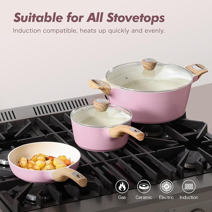SENSARTE Ceramic Pots and Pans Set Nonstick, Kitchen Cookware Sets, 14-Piece Induction Cookware, Non-toxic Healthy Non Stick Cooking Set, with Frying Pans Set, PFAS PTFE PFOA PFOS Free