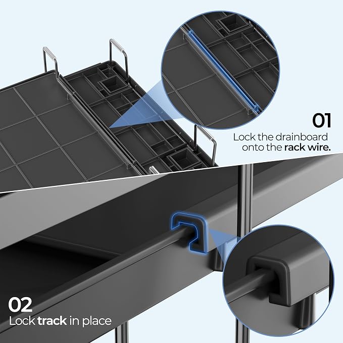 Large Dish Drying Rack, Expandable Dish Rack for Kitchen Counter, Dish Drainer with Drainboard Set, Multifunctional Dishrack with Utensil & Cup Holder, 13.4"-28.7" L x 11.8" W x 7.8" H, Black