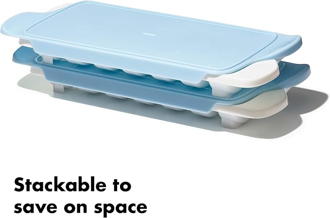 OXO Good Grips Flexible Ice Cube Tray with Lid - 2 Pack, Blue & White | Spill-Proof Lid, Freezer Storage, Kitchen Accessory, Twist To Release, Easy For Stacking, Dishwasher Safe
