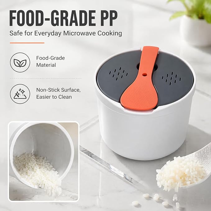 Microwave Rice Cooker Steamer, Microwave Pasta Cooker with Strainer, 2 L Microwave Cookware Set for Rice, Pasta, Vegetables, Quinoa, Oatmeal, Ramen Non stick (orange)
