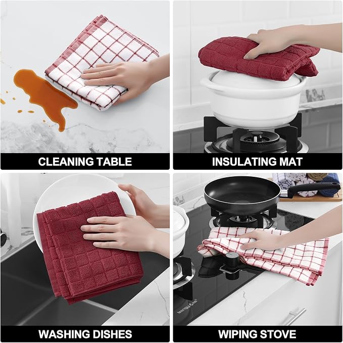 Homaxy Large Premium Cotton Kitchen Towels 16"x 28", 12 Pack, Red | Natural Ring Spun 390 GSM Dish Towels, Super Absorbent Terry Kitchen Hand Towels, Soft Tea Towels with Hanging Loop