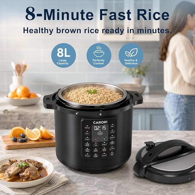 8Qt Electric Pressure Cooker 12-in-1, 1200W Stainless Steel Multi-Cooker, Slow Cook, Rice Cook, Steamer, Sauté, Yogurt Maker, Warmer & Sterilizer, Safer Venting Design with Recipe Book, Black