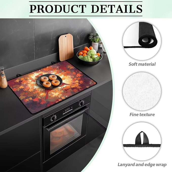 Fall Cardinal Maple Stove Top Covers for Electric Stove, Anti-Slip Dish Drying Mats for Kitchen, Heat Resistant Silicone Insulation Mat for Glass Top Burner, Thanksgiving Decor