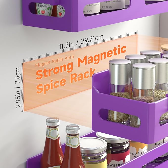 4-Pack Magnetic Spice Rack for Refrigerator with Hooks, Purple | Strong multipurpose magnetic shelf for kitchen & bathroom organization. Includes 4 removable hooks for hanging items.