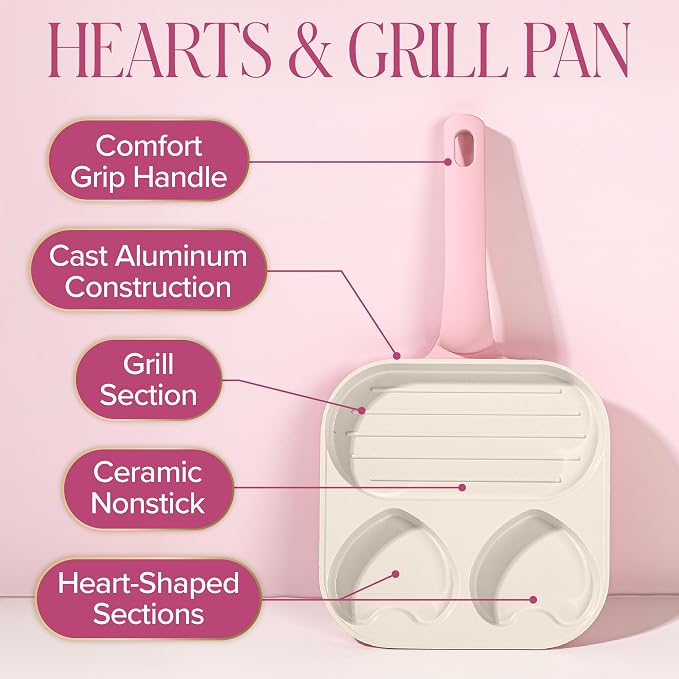 Paris Hilton Ceramic Nonstick Divided Skillet with Heart-Shaped Sections and Grill Plate, Cast Aluminum, Dishwasher Safe, 8-Inch, Pink