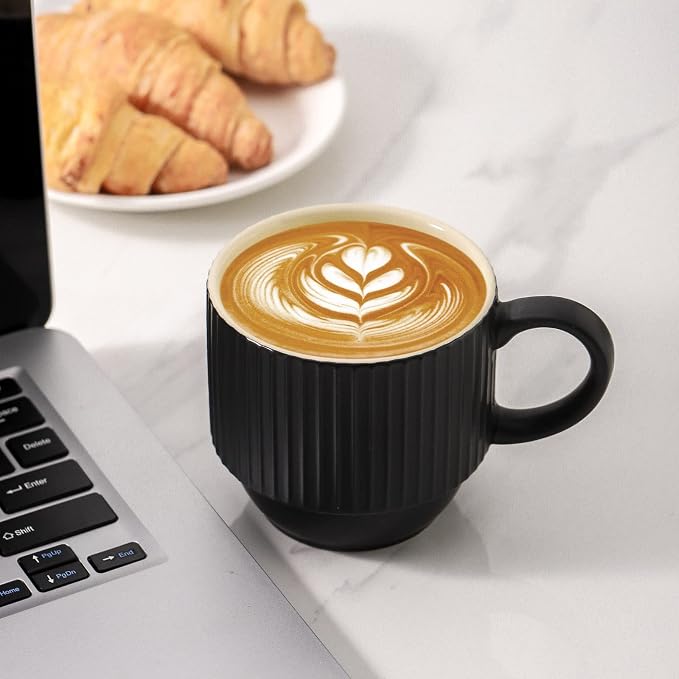 Hasense Black Coffee Mug Porcelain Set of 4 with Rack - 12 oz Stackable Coffee Cups Ceramic, Modern Ribbed Latte Cup Sets for Cappuccino, Tea, Espresso, Hot Cocoa, Drinks - Dishwasher & Microwave Safe