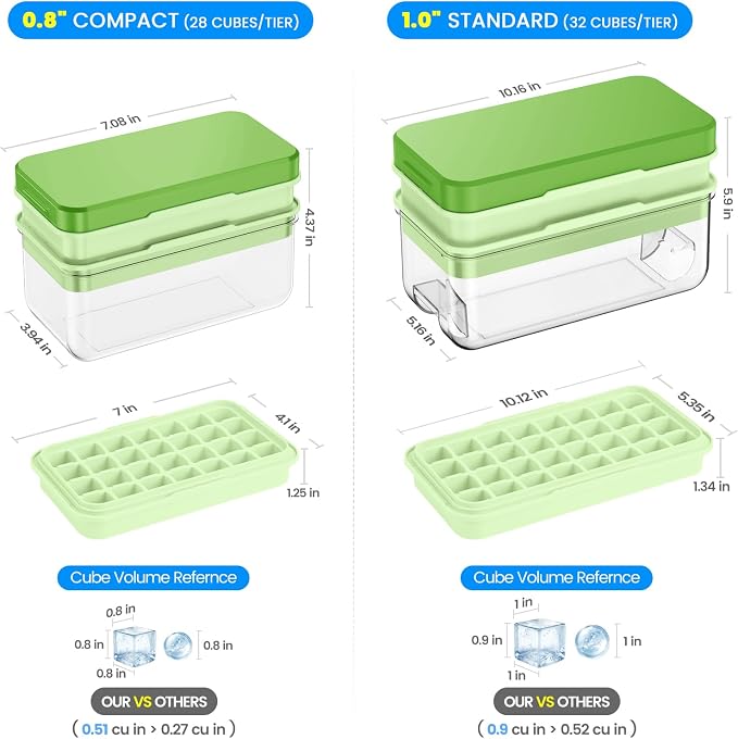 1" Ice Cube Tray with Lid and Bin, Easy Release 64 Cubes for Freezer | Food-grade BPA-free PP and ABS. 1" x 64pcs ice cubes for fruit whiskey, cocktails. Space-saving, stackable with scoop