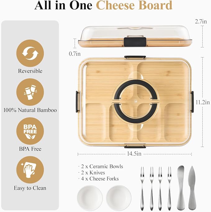 Portable Bamboo Charcuterie Board with Lid, 6 Compartments | Includes Knife Set, Plates, Forks & Handle, Travel Serving Tray Platter for Cheese, Meat, Fruit, Housewarming Gift for Women