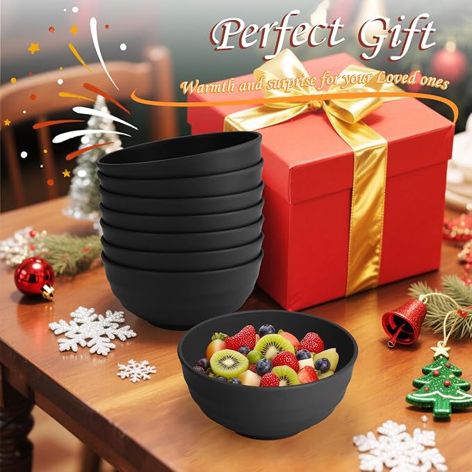 Unbreakable Big Bowl Set of 8: Alternative to Large Plastic Bowls - 60oz Wheat Straw Bowls for Salad, Soup & Cereal, Microwave & Dishwasher Safe for Everyday Use & Picnics - Black