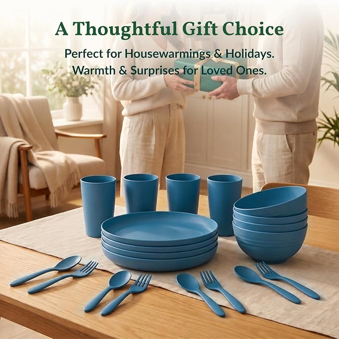 Wheat Straw Dinnerware Sets, Homienly 20pcs Unbreakable Microwave Dishwasher Safe Tableware Lightweight Bowls, Cups, Plates Set Reusable Dinner Plates Bowls set (Blue)