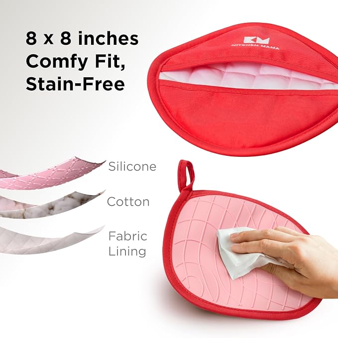 Kitchen Mama Silicone Pot Holders, Red | Heat Resistant, Non-Slip Surface, Dual Pocket Design, Soft Cotton Lining