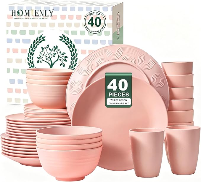Unbreakable 40 PCS Wheat Straw Dinnerware Sets Service for 8 Pink | Microwave & Dishwasher Safe For Party, Camping, RV