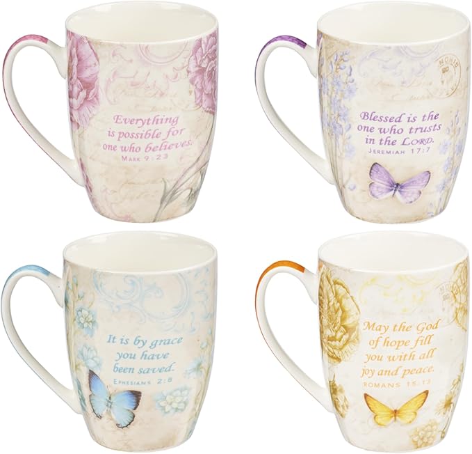 Christian Art Gifts Ceramic Mug Set-Butterflies (Set Of 4)