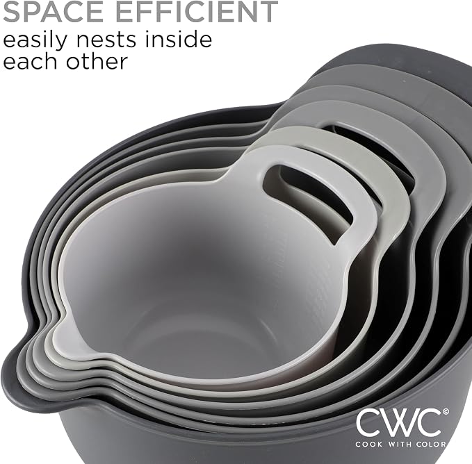 COOK WITH COLOR Nesting Plastic Mixing Bowl Set with Pour Spouts and Handles, Gray, 6 Piece Non-Slip