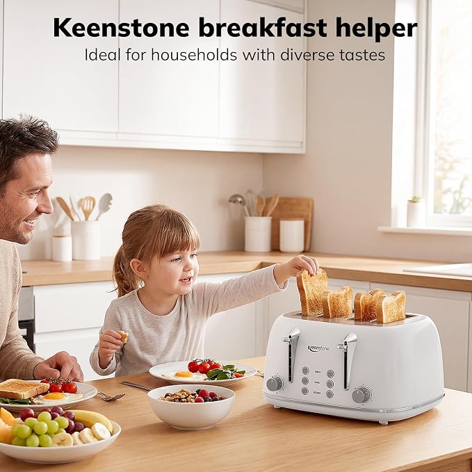 Keenstone Toaster 4 Slice, Retro Stainless Steel Wide Slot Toaster with Dual Independent Controls, 6 Browning Levels, Bagel, Defrost, Reheat & Cancel, Removable Crumb Tray, White