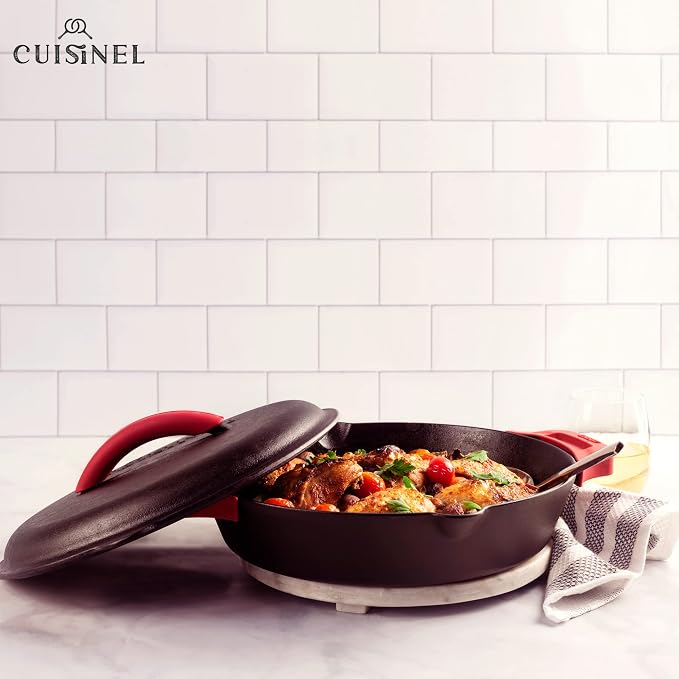 Cuisinel Cast Iron Skillet + Cast Iron Lid Set - 10+12"-Inch Dual Handle Frying Pans + Pan Scraper + Silicone Handle Covers - Preseasoned Indoor/Outdoor, Grill, Stovetop, Induction, Oven Cookware