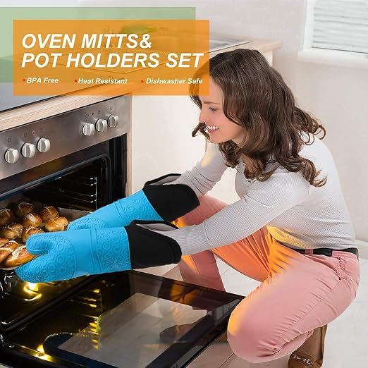 Silicone Oven Mitts and Pot Holders Set, MTZRFLL Extra Long Heat Resistant Oven Gloves with Hot Pads and Mini Oven Mittens for Grilling, Kitchen Cooking Baking, Soft Quilted Lining, Pack of 6 (Blue) | 500°F heat resistant, cotton lining, honeycomb non-...