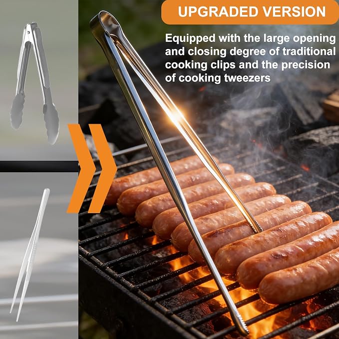 Stainless Steel Kitchen Tongs 2 Set, Non-Slip Serrated Tips, One-Piece Metal Cooking Tongs for Grilling, Plating, BBQ & Baking (11.5” & 13.5”)