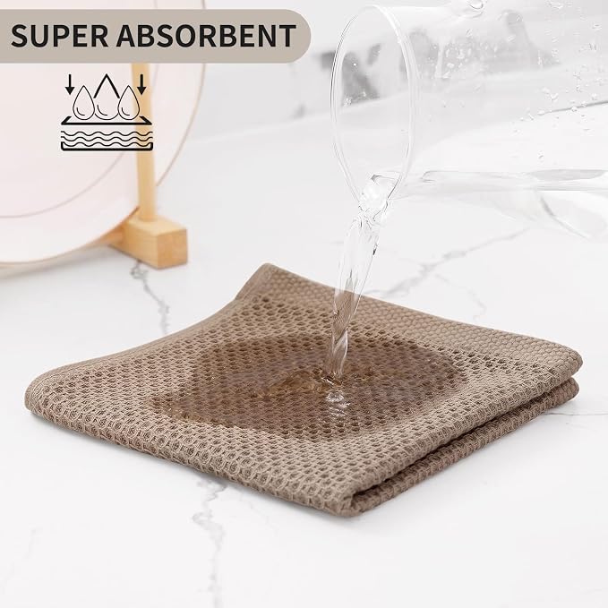 Kitinjoy 100% Cotton Waffle 8-Pack Kitchen Towels, 12" x 12", Tan | Ultra Absorbent, Super Soft, lightweight, Quick Drying Dish Rags for Washing Dishes