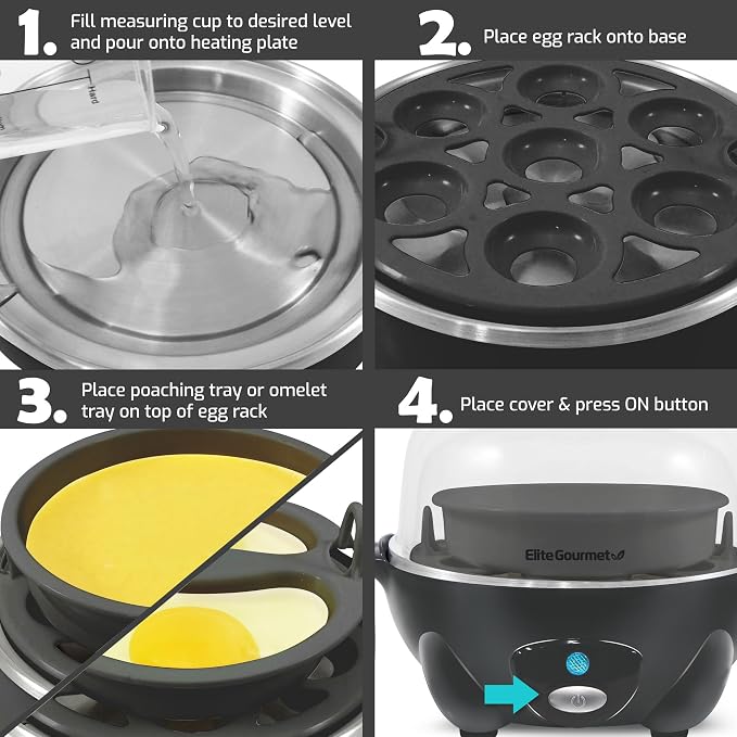 Elite Gourmet EGC710DKG Rapid Egg Cooker, 7-Egg Poacher/Omelet Maker, Ash | Easy-to-peel hard, medium, or soft-boiled eggs - auto shut-off, alarm, 16-recipe booklet included - BPA-free construction