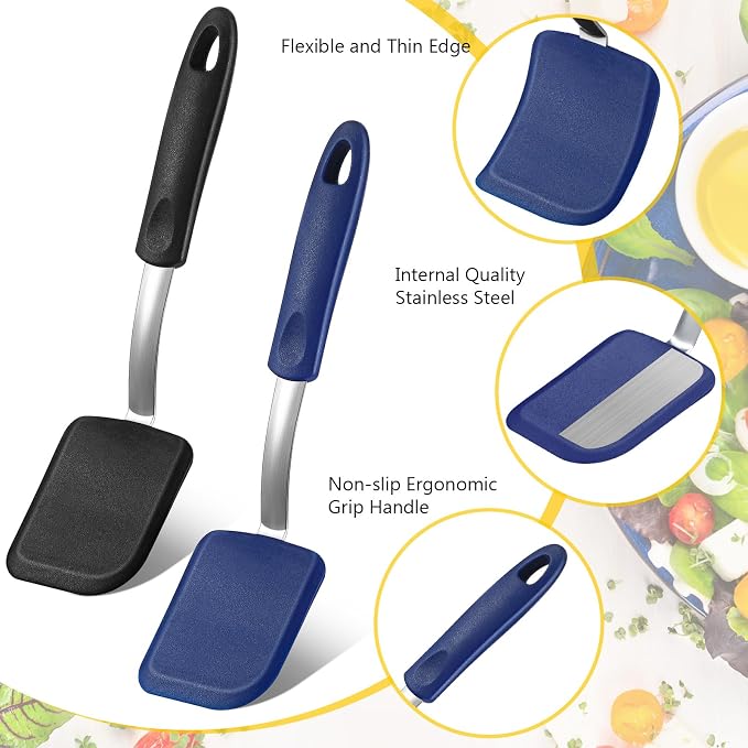 Silicone Cookie Spatula Turner 2 Pack Mini Brownie Spatula Flexible Kitchen Small Silicone Turner for Nonstick Cookware Heat Resistant No Scratch Flipper for Egg(Solid Flat,Black,Blue)