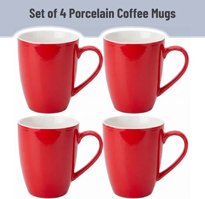 BTaT- Porcelain Coffee Mugs Set, 16 Ounces, 4 Pack, Red Ceramic Coffee Mugs with Handle, Restaurant Cups for Mocha, Tea, Cappuccino, Cocoa, Cereal, Mug Gift Set, Dishwasher and Microwave Safe