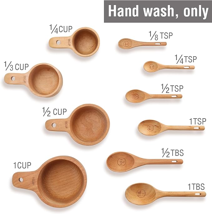 Wooden Measuring Cups and Spoons Set, 10 Piece, Handcrafted | Measuring Cup with Tablespoon Teaspoon Measuring Spoons, For Dry Ingredients, Natural Beech Wood, For Cooking Baking