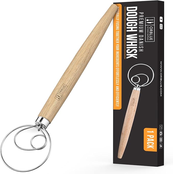 ORBLUE Premium Danish Dough Whisk - Dutch Whisk with Stainless Steel Ring - Danish Whisk for Bread, Pastry or Pizza Dough, 13-inch 1-PACK