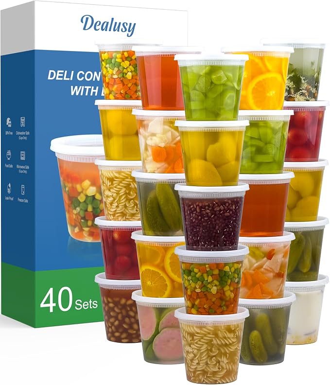 Dealusy 40 Set 24 oz Deli Containers with Lids | Leak-Proof BPA Free Plastic Take Out Bowls, Food Storage Containers for Takeout, Freezer, Microwave & Dishwasher Safe