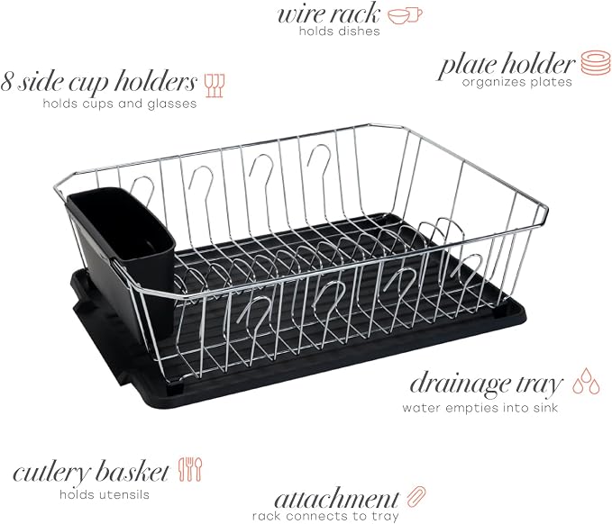 Kitchen Details 3 Piece Dish Rack | Drying Rack, Cutlery Basket & Drainboard Tray | Countertop | Self Draining | Open Wire Design | Chrome | Black