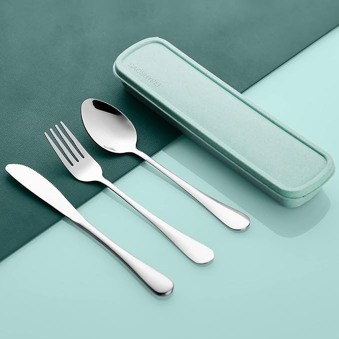 SAOSHYPEI Portable Cutlery Set with Case, 4-Piece Stainless Steel, Silver | Reusable fork, spoon and knife set for work lunch, lunch bags, picnic, camping and travel; dishwasher safe.