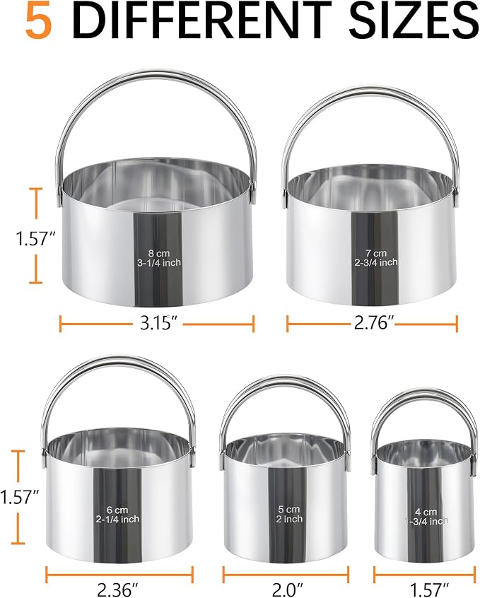 Biscuit Cutter Set with Handle, 5pcs Cookie Cutters | Pastry, Cakes, Donut Baking Tool, Stainless Steel, Dishwasher Safe, In/cm Markings, Ergonomic Arched Grip