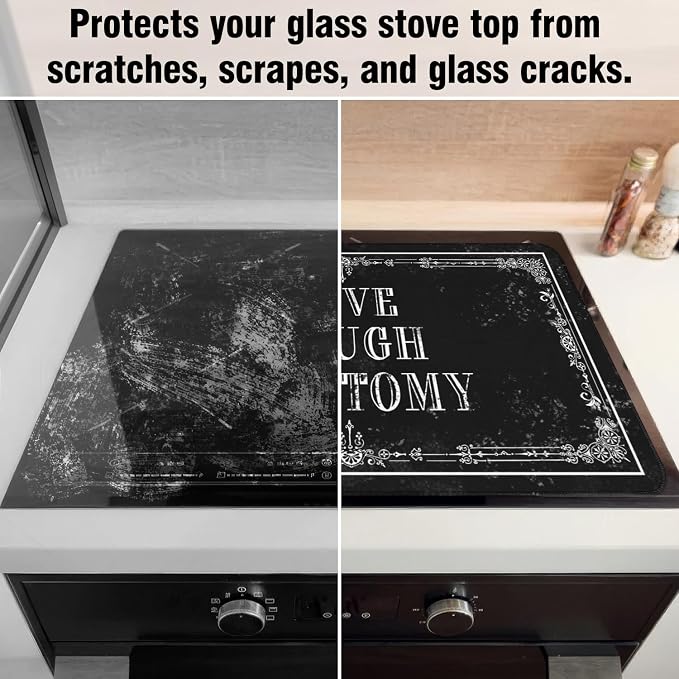 Goth Stove Top Cover for Electric Stoves,Black Skull Witchy Live Laugh Lobotomy Gothic Glass Stove Top Cover,Heat Resistant Cooktop Protector Mat,Non-Slip Washable Dish Drying Mat 28"x20"