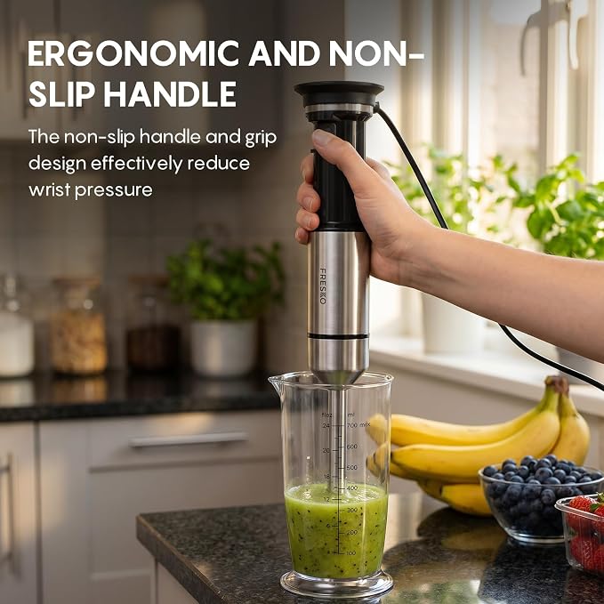 FRESKO Variable Speed Trigger Immersion Blender Handheld with 24oz Beaker | Stick Blender with Anti-Scratch Stainless Steel Shaft, Ergonomic Handle Hand Mixer for Smoothies, Soups & Sauces