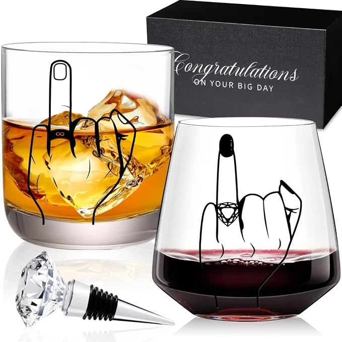 Wedding Gifts for Couples，Engagement Gifts for Newly Engaged Couples, Unique Bridal Shower,Valentine's Day Gifts,14oz Whiskey Wine Glasses with Diamond Wine Stopper Set