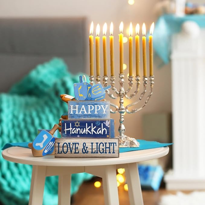 Lineshading 4 Pcs Wooden Hanukkah Decor Farmhouse Blocks with Dreidel | Tiered Tray Display, Rustic Tabletop Signs with HAPPY LOVE LIGHT Text, Home Shelf Decorations, Jewish Holiday Gift