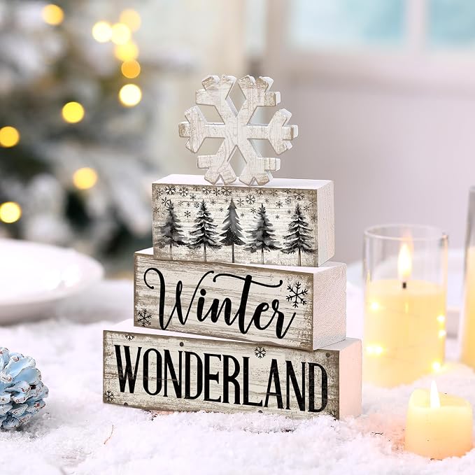Lineshading 4 Pcs Winter Block Signs Wooden Farmhouse Tiered Tray Decor | Snowflake Design Stackable Blocks, Tabletop Shelf Mantel Display, Rustic Distressed White Finish, Farmhouse Holiday Decor