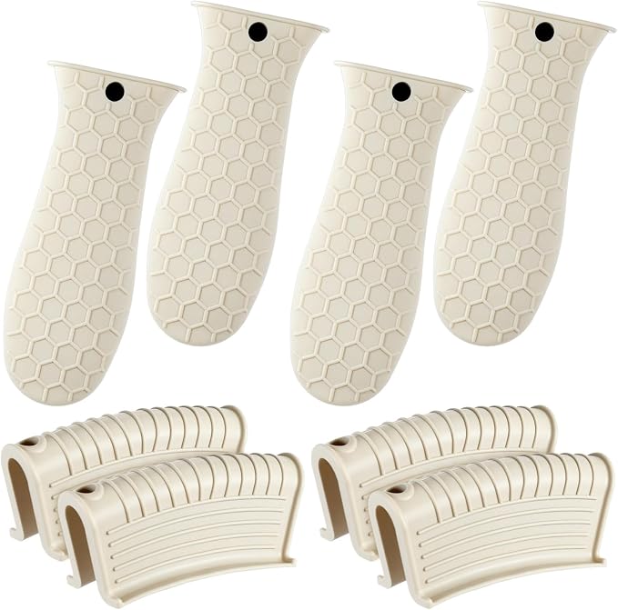 Patelai 8 Pcs Silicone Pot Holders Set Cast Iron Handle Cover Heat Resistant Pot Handle Covers Potholder Non Slip Reusable Pan Sleeve for Frying Pan Kitchen Supplies(Khaki)
