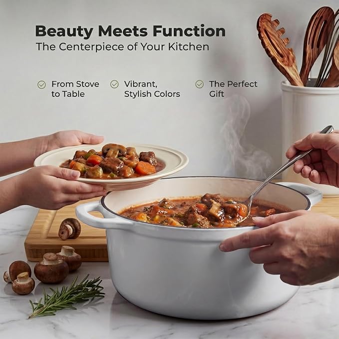 Zulay Kitchen 6.4QT Enameled Cast Iron Dutch Oven Pot with Lid, Heavy-Duty Soup Pot for Stews, Braising, Roasting & Sourdough Bread Baking, Oven Safe up to 500°F - White